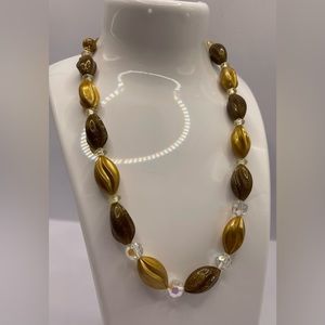 Vintage Mid Century Molded Acrylic & AB Glass Bead Necklace – Gold Frosted Brown